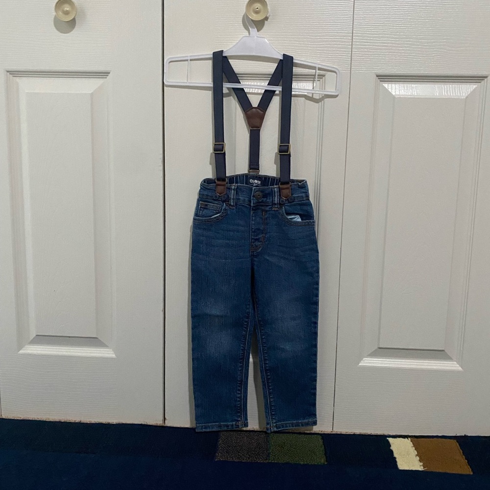 kIDS BLUE Denim  jEANS with Suspenders size 3 YEARS OLD BOy brand OSHKOSH